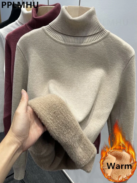 Thicken Velvet Turtleneck Knitted Sweater for Women