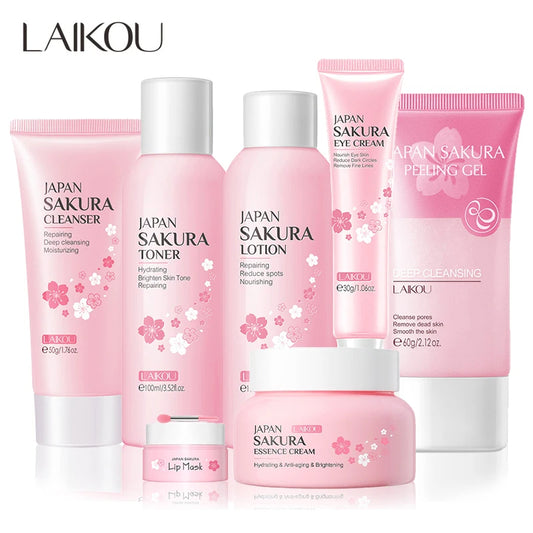 Cherry Blossom Essence Face Skin Care Set  Moisturizing Collagen Eye Cream Exfoliating Gel Cleanser Lip Mask