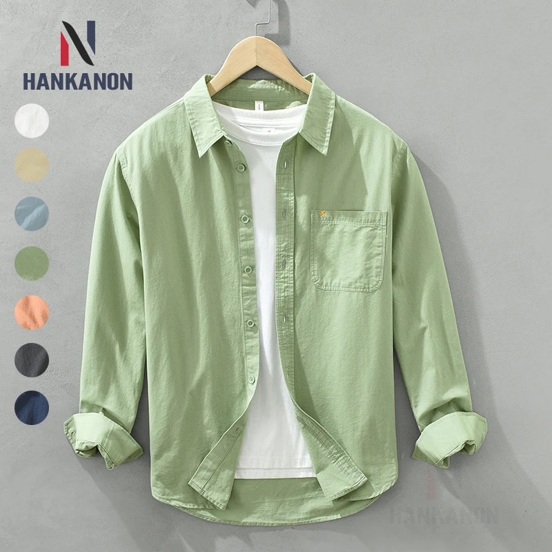 Men's Casual Long-Sleeved Shirt, Japanese Style, 100% Cotton, Loose Fit.