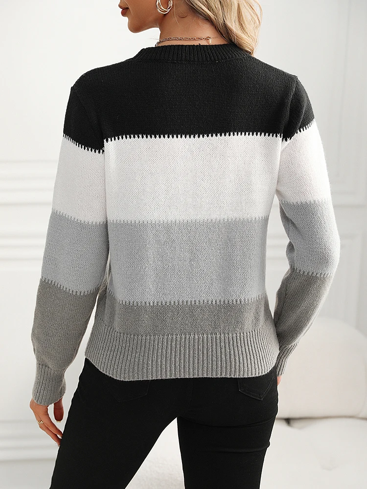 Women Knitted Sweater Soft Contrast Color Basic Sweaters Casual Fashion Autumn Winter