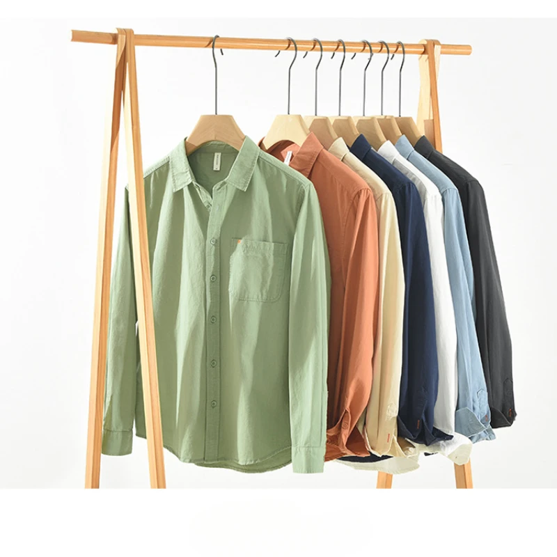 Men's Casual Long-Sleeved Shirt, Japanese Style, 100% Cotton, Loose Fit.