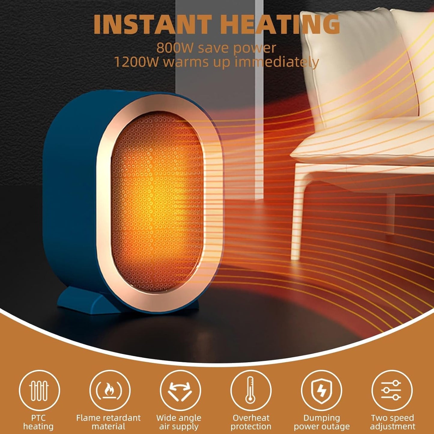 Portable Ceramic Heater – 3-Second Fast Heating, 2 Modes, Safety Protection & Compact Design