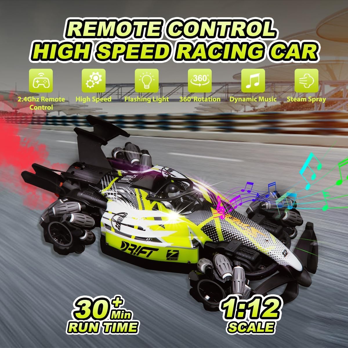 Remote Control RC Racing Car – 360° Stunt Vehicle with Lights, Music & Spray