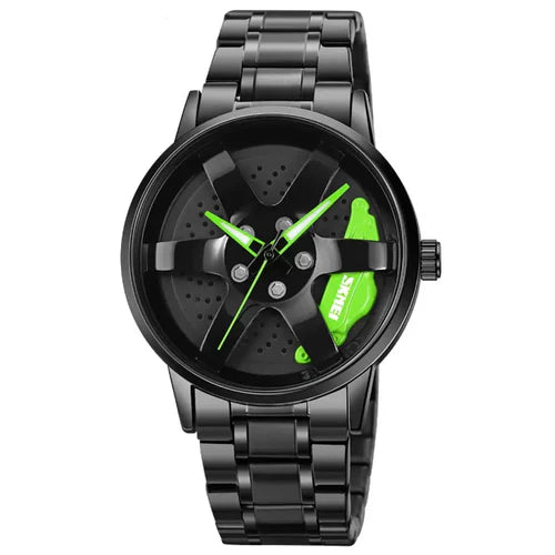 Alloy Wheel Sports Watch with Stainless Steel Strap