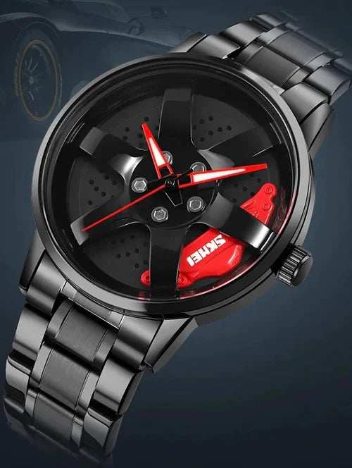 Alloy Wheel Sports Watch with Stainless Steel Strap