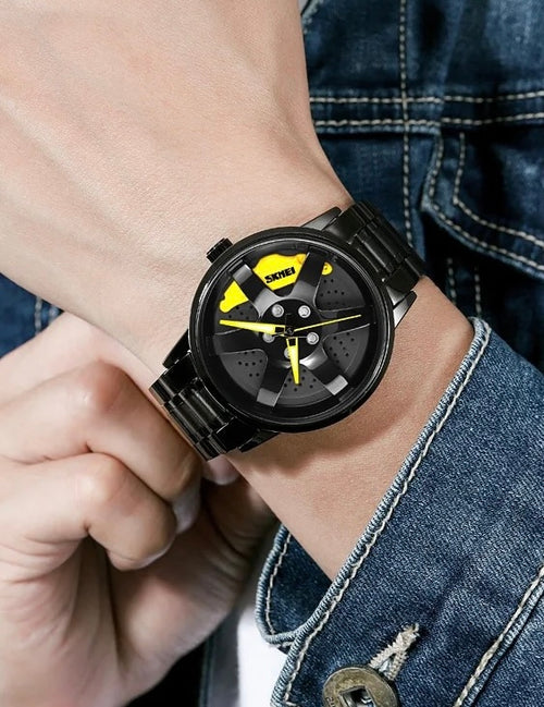 Alloy Wheel Sports Watch with Stainless Steel Strap